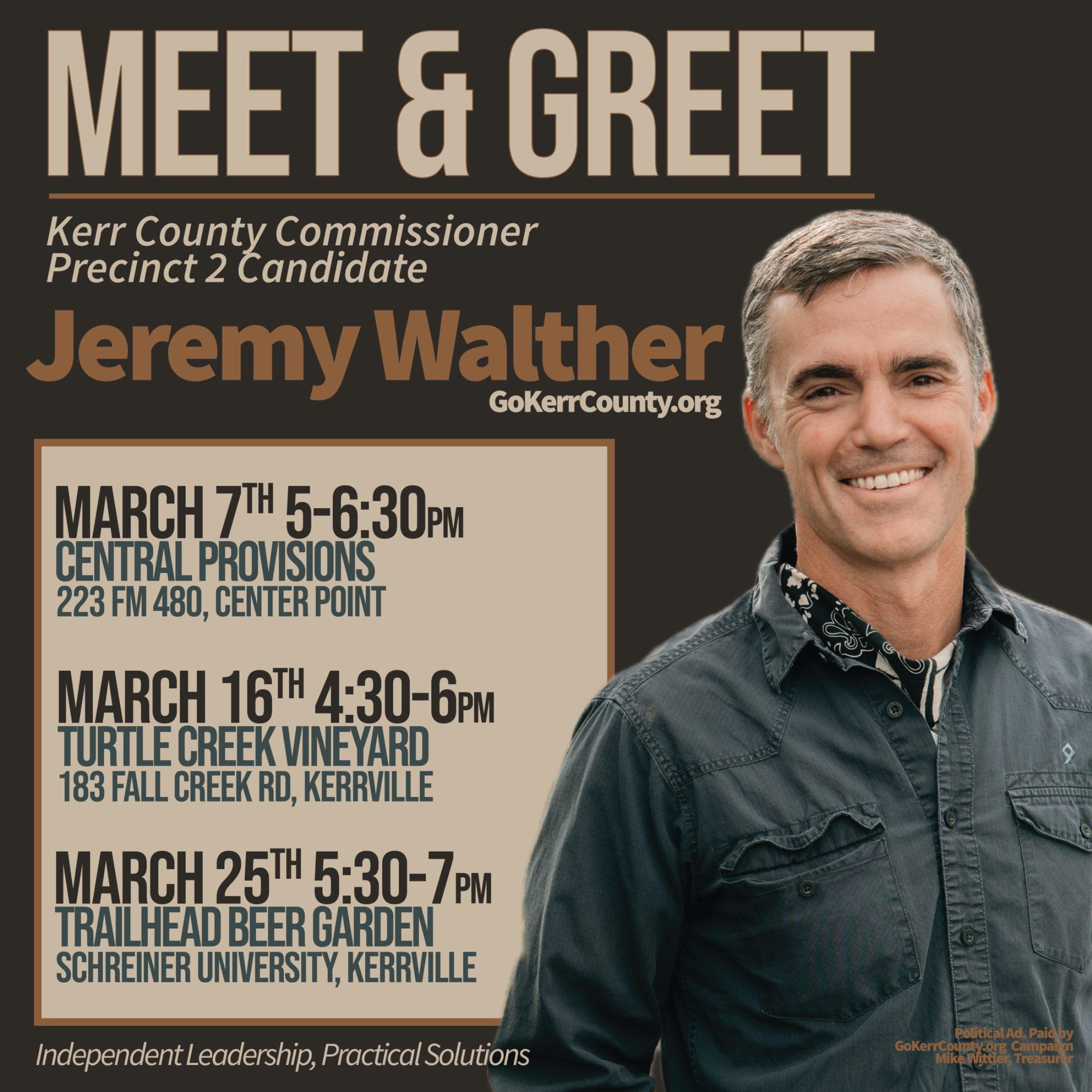 Meet & Greet events poster for Jeremy Walther, Kerr County Commissioner Precinct 2 Candidate